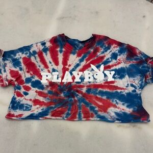 PLAYBOY Red and Blue Tie-Dye cropped Tee